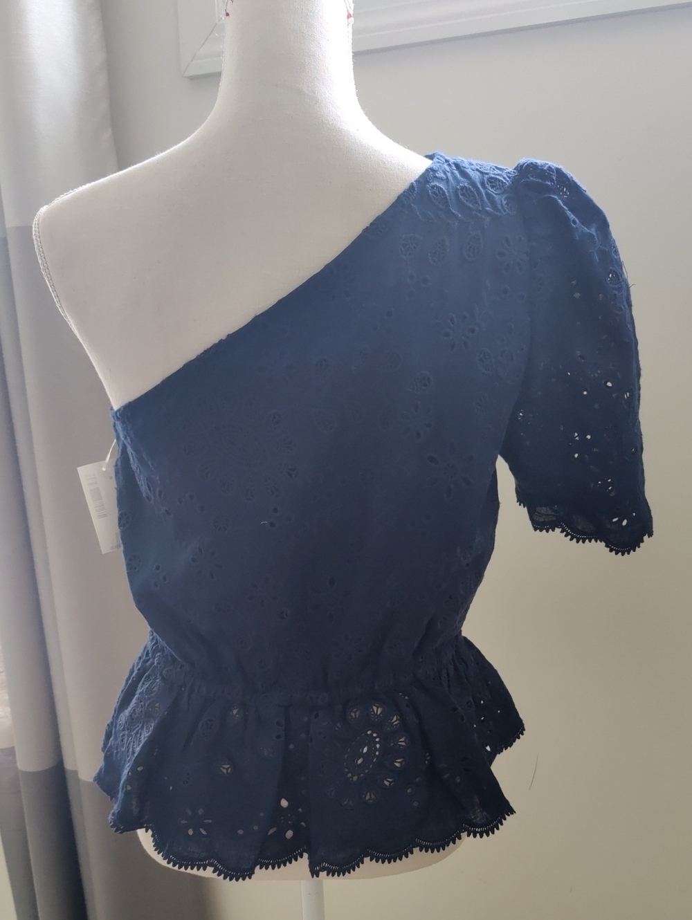 New!Polo Ralph Lauren Broderie Anglaise Navy One-Shoulder Eyelet Peplum Top Y2K - Picture 8 of 15